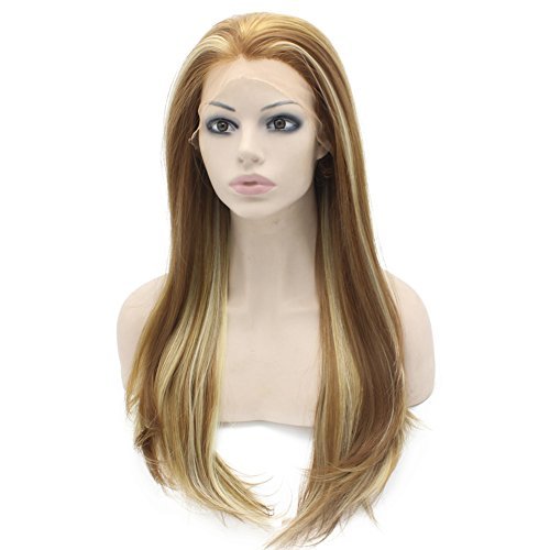24inch Long Straight Highlight Blonde Synthetic Lace Front Wig Natural Heat Friendly Fiber Wig at Mxangel