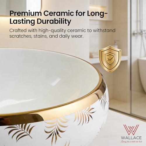 Image of Wallace Designer Oval Table Top Wash Basin 60x40x15 cm | White Ceramic Countertop Vessel Sink with Gold Leaf Pattern | Premium Over Counter Luxury Bathroom Basin