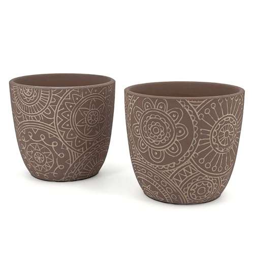 Vimin Box Coppia di Vasi in Terracotta Decorati Caffè | Diametro 12,5cm | Vasi per Fiori e Piante da Interno ed Esterno | Portavaso Elegante per Casa, Giardino, Balcone