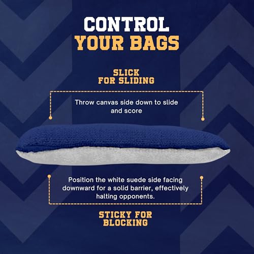 Cornhole365 Stick & Slide Cornhole Bags - 6\"x6\" Premium Plastic Resin Filled, Dual-Sided Canvas & Suede Cornhole Bean Bags for Sports Competition - Professional Cornhole Bags Set of 4 (Navy Blue)