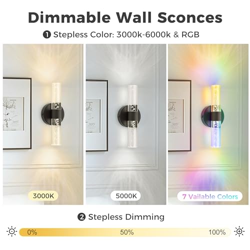 Image of DORESshop Battery Operated Wall Sconces Set of 2, 10000mAh Rechargeable Wall Sconce with Bubble Crystal, 9 Color Dimmable Wireless Wall Sconce, Sconce Wall Decor for Living Room, Bedroom, Black 12in
