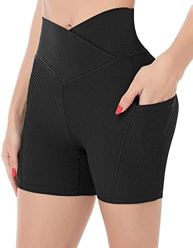 CHRLEISURE V Cross Waist Ribbed Biker Shorts with Pockets, High Waisted Gym Booty Workout Crossover Shorts (Black, S)