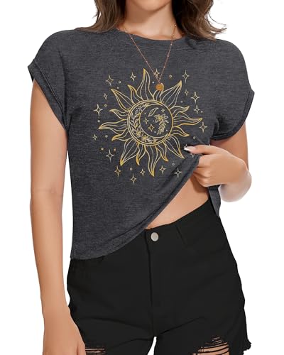 Image of Womens Crop Tops Summer Roll Cap Sleeve Cropped Tshirt Loose Fit Basic Tees