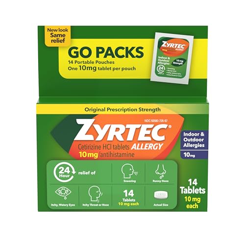 Zyrtec 24 Hour Allergy Relief Tablets Antihistamine Indoor & Outdoor Anti Allergy Medicine + Cetirizine HCl Relief from Runny Nose Sneezing & Itchy Eyes Single Packs 14 x 1 ct Packets