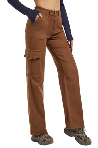 Aodrusa Brown Pants for Women High Waisted Stretch Straight Leg Cargo Pants with Pockets Trendy Trousers3