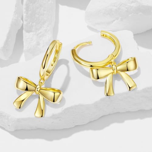 MUNDELL 14K Gold Plated Solid 925 Sterling Silver Post Bow Drop Earrings | Dainty Bowknot Hypoallergenic Earring for Women Fine Jewelry4