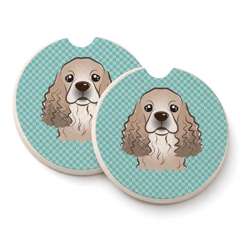 Caroline's Treasures BB1154CARC Checkerboard Blue Cocker Spaniel Set of 2 Cup Holder Car Coasters Absorbent Sandstone Coasters for Car Cup Holders Gifts for Men or Women, Large, Multicolor