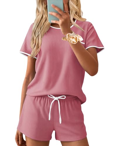 Ekouaer Womens Pajama Set Ribbed Knit Soft Shorts Pjs Summer Slee...