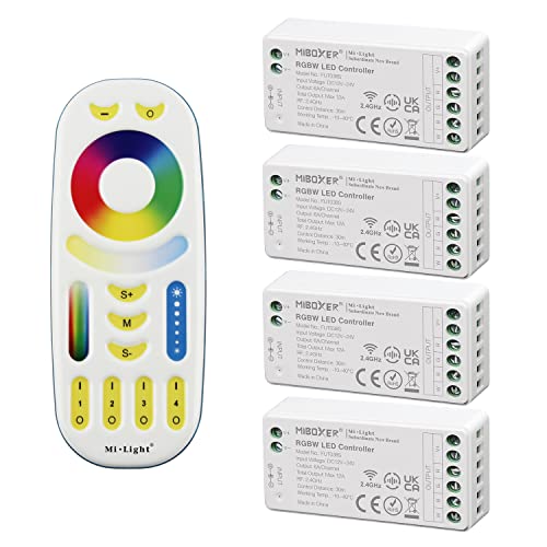 LIGHTEU®, Kit de Control Remoto Milight Miboxer: paquete de 4 Controladores de Tira LED RGBW y 1 Control Remoto LED RGBW Inalámbrico de 4 Zonas 4x fut038S + fut092