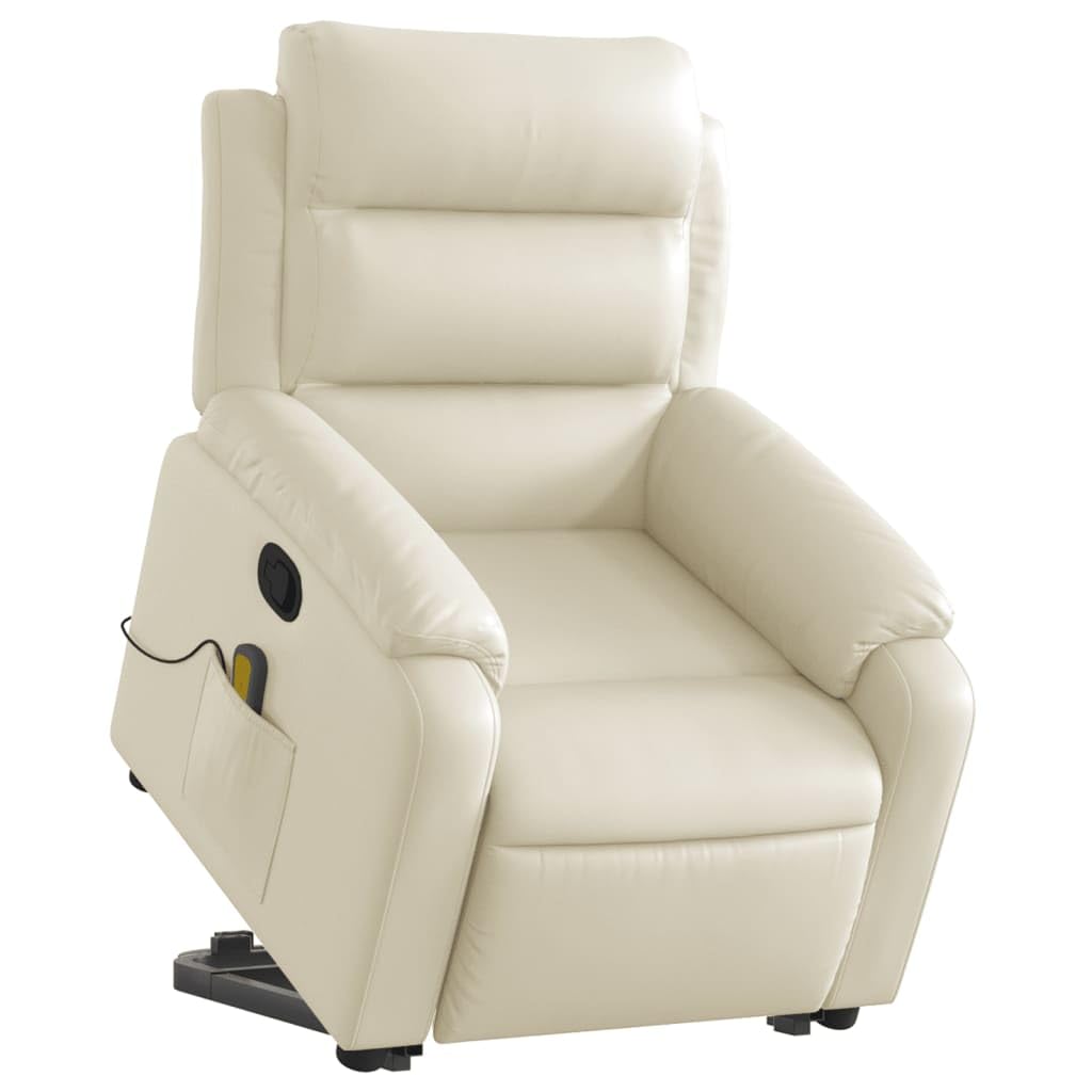 Sillón elevador reclinable con masaje de 6 puntos y función de elevación eléctrica, de piel sintética, color crema, respaldo ajustable manualmente y estructura estable