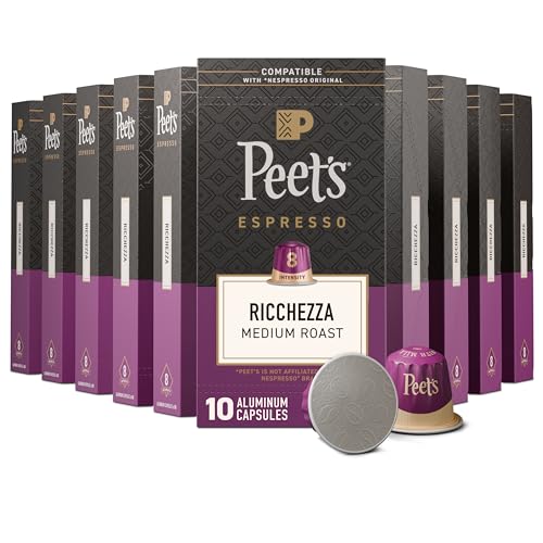 Image of Peet's Coffee, Medium Roast Espresso Capsules, Compatible with Nespresso Original Machine, 100% Arabica Coffee - Ricchezza Intensity 8, 100 Count (10 Boxes of 10 Espresso Capsules)