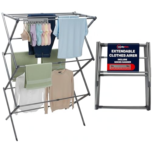 Laundry Mate Extendable Clothes Airer with Sock Clips - 3 Tier Space Saving Foldable Laundry Rack - Heavy Duty Clothes Horse Dryer Rack for Indoor & Outdoor - Extends up to 71CM 11 Hanging Poles