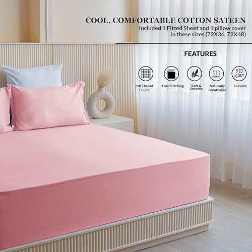 Image of HOMEMONDE Elasticated Fitted Single Size 72 x 48 Inches Bedsheet 210 Thread Count Decorative Premium Cotton Soft Fitted Bedspread - with 1 Pillow Cover, Pink | Perfect for Home Decor & Gifting