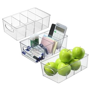 Clear Fridge Organizer Bins with Removable Dividers Snack Bins For Pantry Organization Refrigerator Bins Organizers Kitchen Storage Accessories (3 Pack)