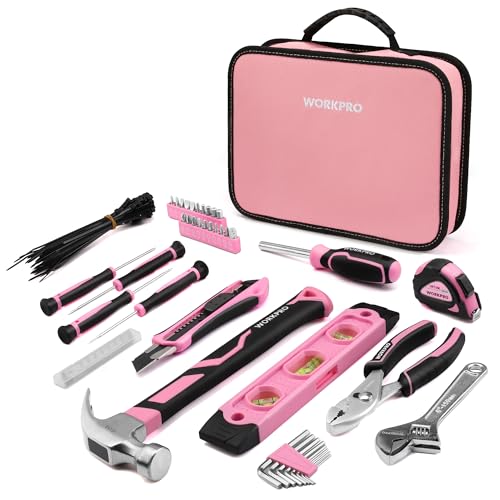 WORKPRO Pink Tool Set - 100 Pieces Pink Tool Kit with Easy Carrying Pouch, Household Tool Kit for Home, Apartment, Office, College, Perfect for DIY Pr