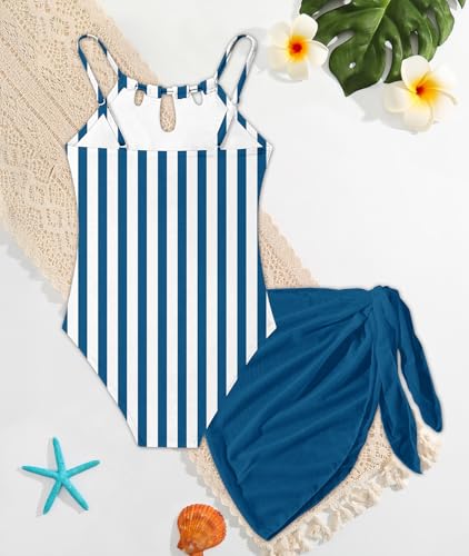 Cuddomper Girls Swimsiut Size 15-16 Blue and White Stripe Teen One-Piece Bathing Suit with Blue Mesh Cover Ups Adjustable Straps Cut Out Retro Swimwear — view 5