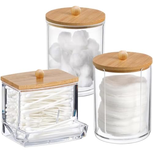 Wnddle 3 Pièces Boite Coton-Tige, Support en Plastique, Distributeur Transparent avec Couvercle en Bambou pour Cotons-tiges, Tampons et Cosmétiques