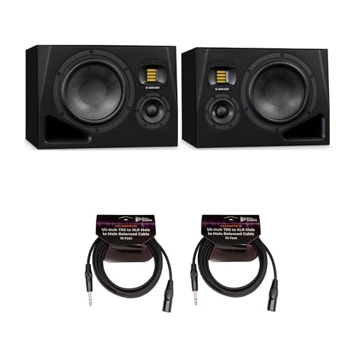 Adam Audio A8H Powered 3-Way Studio Monitor (Left and Right) Bundle with 10-Feet Cables (2-Pack) (4 Items)
