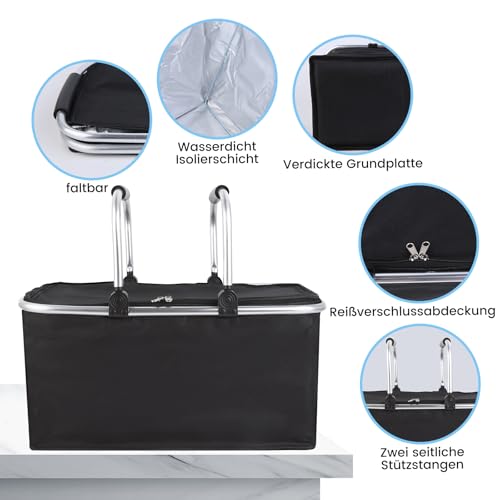 kühlkorb einkaufskorb 30L,Mit Reißverschluss isolierter, Faltbarer Picknickkorb,Klapprahmen aus Aluminiumlegierung mit Griff, gepolsterte Stützstange,für Picknicks im Freien, Einkaufen und Reisen