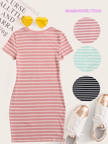 OYOANGLE Girl's Summer T-Shirt Dress Striped Print Short Sleeve Ribbed Knit Casual Dress2