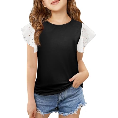 Girls Ruffle Sleeve Shirts Summer Crewneck Eyelet Tee Tops Toddler Girls Casual Cute Blouse Teens Solid Summer Clothes