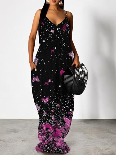 Image of Women's Summer Maxi Dress Spaghetti Strap Floral Boho Beach Long Sundress with Pockets
