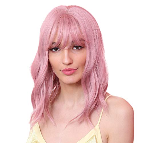 Flameer 12 Polegadas Mulheres Olhando Natural Ondulado Peruca Rosa Anime Cosplay Perucas