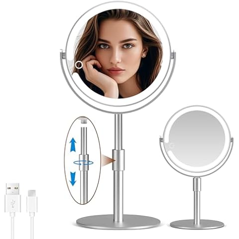 MOMOKUBA Magnifying Mirror with Light 20X, Lighted Makeup Mirror and Magnification, Height Adjustable & 2-Sided Light up Mirror, 3 Color Lights Vanity Mirror for Detail Makeup on Desk Mirror, Silver Cover