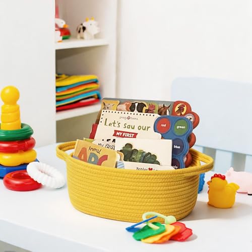 Image of Small Yellow Woven Gift Basket, Baskets for Gifts Empty, Cotton Rope Cat Dog Toy Bin Box, Baby Nursery Organizer, Easter Basket with Handle, Shelf Storage Bin, Yellow Room Decor, 12 inchx 8 inchx 5 inch