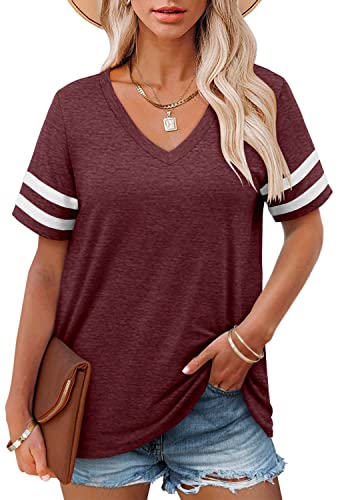 Womens V Neck T Shirts Casual Summer Tops Short Sleeve Maroon Shirts Loose Fit Baseball Tees M