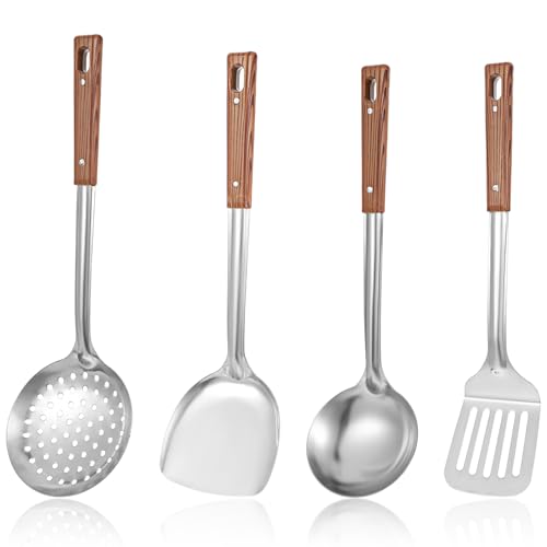 Image of 4-Piece Wok Cooking Utensils Set - Stainless Steel Wok Tools with Heat-Resistant Handles (Spatula, Ladle, Skimmer, Slotted Spoon)