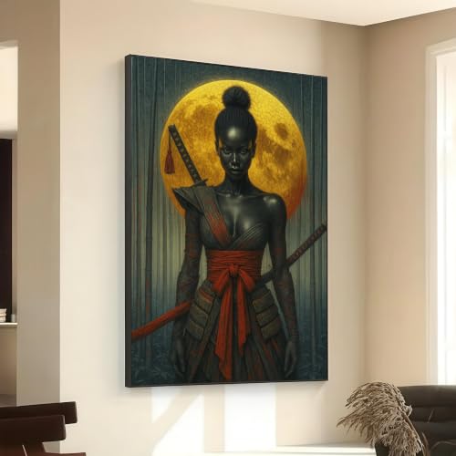 Pintura sobre lienzo de guerreras asiáticas con la luna, arte mural refinado