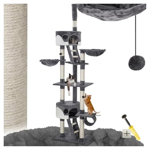 TecTake Arbre à Chat XXL grattoir avec différents éléments - Hauteur : env. 240-260cm - diverses Couleurs au Choix (Gris-Blanc | No. 401640)