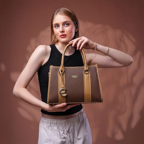 Image of EXOTIC Premium Orlina Duotone Structured Tote Bag for Women | PU Leather Handbag | 2 Compartments with Center Zip | Detachable Sling Strap | Office & Daily Use