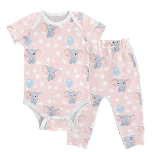 vvfelixl Baby Layette Sets Clothes,Cartoon Big-eared Elephant Baby Bodysuits Set,Unisex Babys Pants Sets Short Sleeve 12-18M