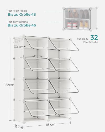 Miniatura 3 de Songmics Mueble Zapatero Plástico, 8 Compartimentos Para 32 Pares De Zapatos, Con Puertas, Estructura De Acero Y Estantes De Plástico, Armario Para Dormitorio, Blanco Nube Y Transparente Lpc034w01