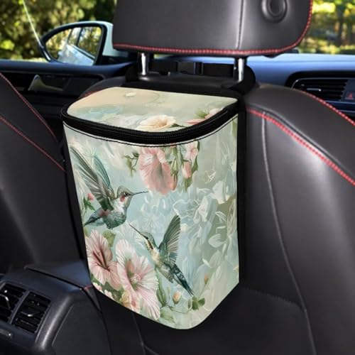 Image of Flower Hummingbird Pattern Automotive Garbage Can Bin with Lid,Washable Car Trash Can for Travel,Cars,Universal Fit Hippie Car Accessory Interior Set