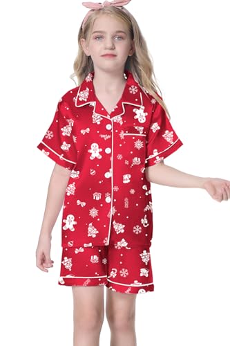 Image of Umeyda Women & Girls Pajamas Set, 2 Piece PJS Satin Silk Sleepwear Button-Down Top with Shorts for Mom Kids Gifts