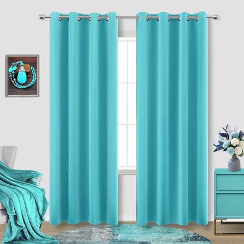 Image of Turquoise Window Curtain Panels for Living Room Set 84 Inch Length 2 Pieces Grommet Drapes Insulated Light Blocking Room Darkening Double Blackout Thermal Curtains for Bedroom 52x84 Inches Long
