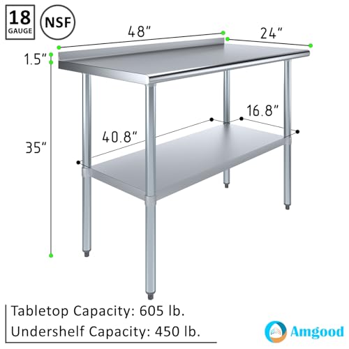 Image of AmGood Stainless Steel Work Table with 1.5 inch Backsplash | Metal Kitchen Food Prep Table | NSF (48 inch Long x 24 inch Deep)