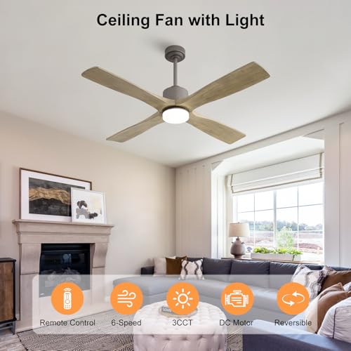 Image of LEDLUX 48 inch Ceiling Fans with Lights -Modern Ceiling Fan with Light, 6-Speed Remote, 4 Solid Wood Blades, Quiet DC Motor, for Bedroom, Living Room, Outdoor, Graphite Finish with Gray Blades