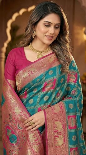 Image of C J Enterprise Women's Kanjivaram Silk Saree Woven Patola Banarasi Soft Sarees Zari With Blouse Piece (Hathi Patola)