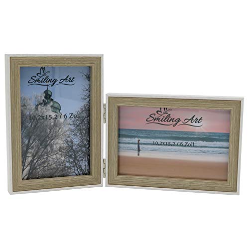 Smiling Art | Cadre photo double | 10 x 15 cm en bois MDF avec vitre | cadre photo rabattable pour 2 photos | à poser ou à accrocher | format paysage et...