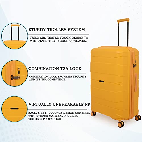 Image of it luggage Momentous Mango Yellow Set of 3-20,24,28 inches Cabin with Padded Laptop Section,Medium & Large Expandable Polypropylene Hardsided with TSA Lock & Wet Pouch Inside 8 Wheel Trolley Bag