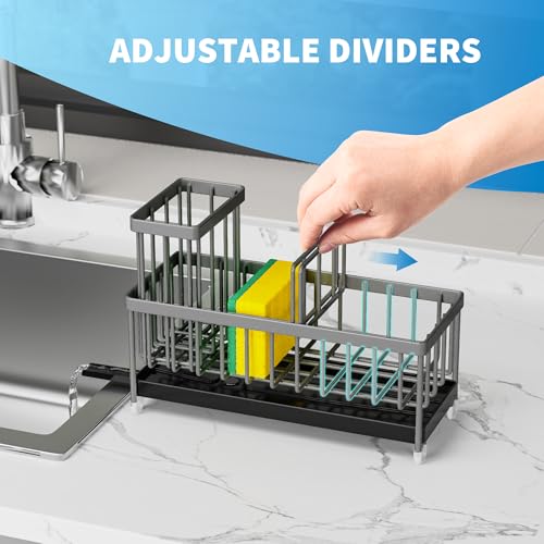 Image of Cisily Sponge Holder for Kitchen Sink, Sink Caddy Organizer with High Brush Holder, Kitchen Countertop Organizers and Storage Essentials, Rustproof 304 Stainless Steel (Dark Grey, 9.25″)