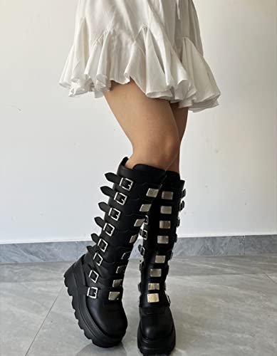 Gothniero High Platform Knee Boots Chunky Heel Wedge Black Boots For Women Combat Goth Punk Motorcycle Booties Zip up With Metal Buckles Size5-113
