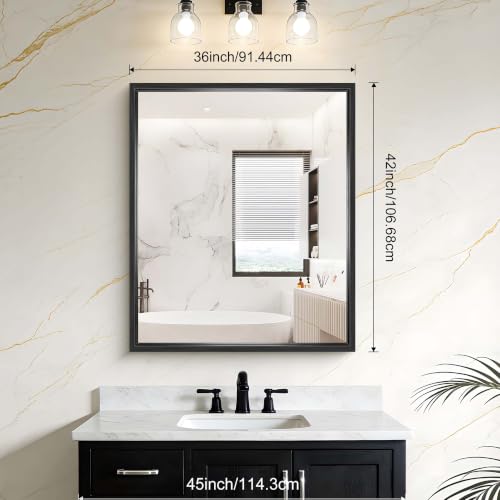 Image of Bathroom Mirror, 42 x 36 Inch Brushed Black Rectangle Mirror, 0.6 inch Thickened Deep Frame Mirrors for Wall Over Sink, Shatterproof Tempered Glass, Antirust, Horizontally or Vertically