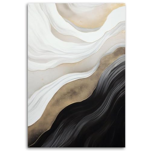 Cuadro abstracto moderno para salón en lienzo negro, blanco y dorado de 50x70 cm sin marco