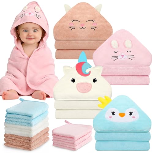 Image of Flasoo 14 Pcs Baby Towel Set, Soft Baby Bath Towels and Washcloths Set, 4 Pcs 32x32 in Animal Hooded Bath Towel & 10 Pcs Baby Washcloths for Infants, Toddlers and Kids for Boys or Girls