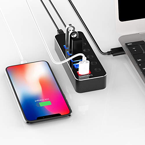 Powered Usb Hub, Atolla Aluminum 5-Port Usb 3.0 Hub With 4 Usb 3.0 Data Ports And 1 Usb Smart Charging Port, Usb Splitter With 5V/3A Power Adapter And Individual Switches #TOP6